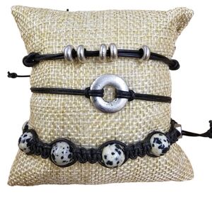 Genuine Leather + Stainless Steel + Dalamatian Jasper Boho Bracelet Set of 3